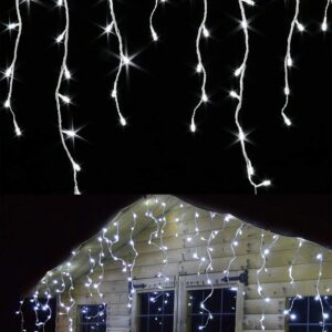 gresonic led icicle lights 32.8ft 400 leds with 80 drops waterproof outside christmas lights fairy string lights bedroom patio yard garden wedding party holiday wall(cool white)