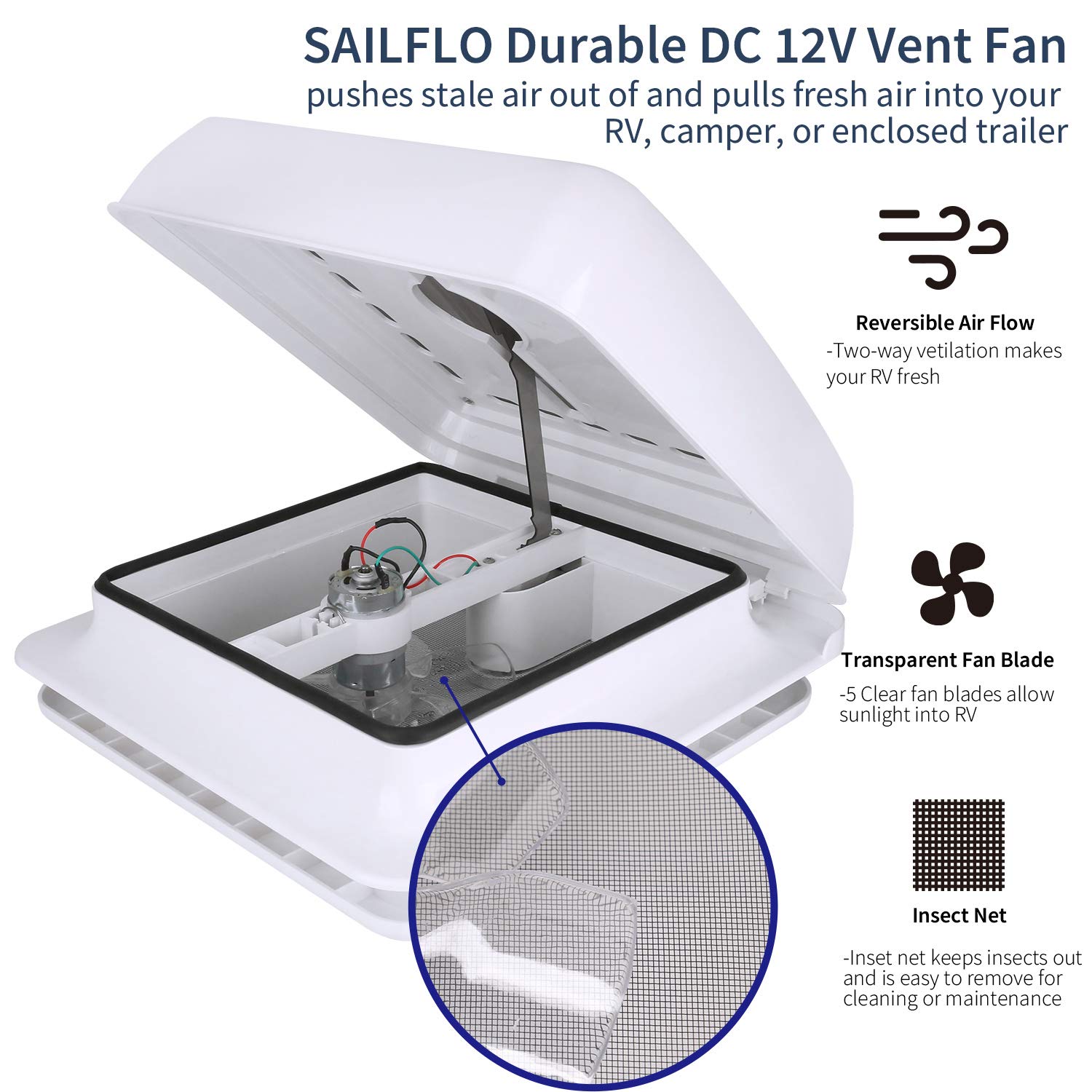 RV Roof Vent Fan Camper Skylights Ventilation Cover with Reversible Airflow Fan Net Manual Lift Dome Lid Heavy Duty Easy to Install for Trailer Motorhome Windows Opening 11” White