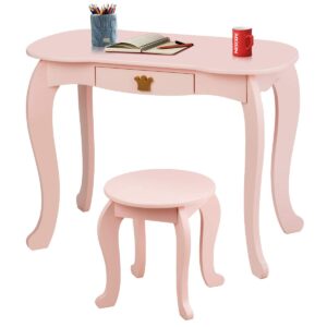 Costzon Kids Vanity Table and Chair Set, Princess Makeup Dressing Table with Drawer & Tri-Folding Mirror, 2 in 1 Vanity Set with Detachable Top, Pretend Beauty Play Vanity Set for Girls (Pink)