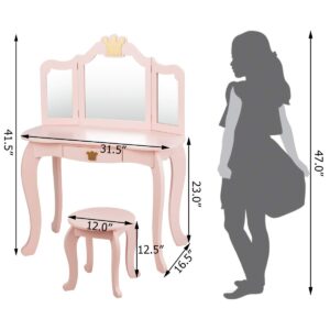 Costzon Kids Vanity Table and Chair Set, Princess Makeup Dressing Table with Drawer & Tri-Folding Mirror, 2 in 1 Vanity Set with Detachable Top, Pretend Beauty Play Vanity Set for Girls (Pink)