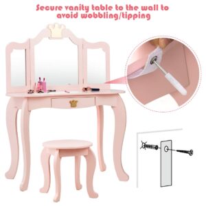 Costzon Kids Vanity Table and Chair Set, Princess Makeup Dressing Table with Drawer & Tri-Folding Mirror, 2 in 1 Vanity Set with Detachable Top, Pretend Beauty Play Vanity Set for Girls (Pink)