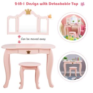 Costzon Kids Vanity Table and Chair Set, Princess Makeup Dressing Table with Drawer & Tri-Folding Mirror, 2 in 1 Vanity Set with Detachable Top, Pretend Beauty Play Vanity Set for Girls (Pink)