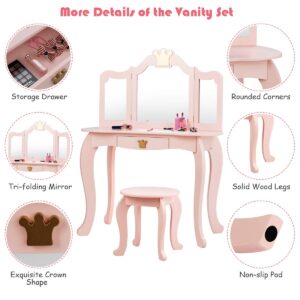 Costzon Kids Vanity Table and Chair Set, Princess Makeup Dressing Table with Drawer & Tri-Folding Mirror, 2 in 1 Vanity Set with Detachable Top, Pretend Beauty Play Vanity Set for Girls (Pink)