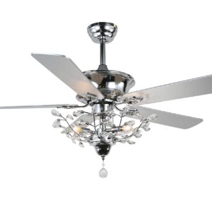 Bella Depot 52-in Chrome Branches Crystal Ceiling Fan, Remote Control, Reversible Motor & 5 Wood Reversible Blades, K9 Crystal Pendant, Chrome Finish (Chrome)