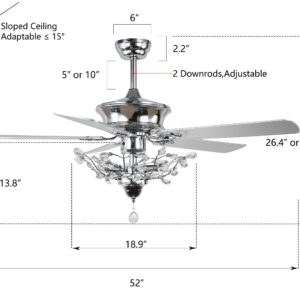 Bella Depot 52-in Chrome Branches Crystal Ceiling Fan, Remote Control, Reversible Motor & 5 Wood Reversible Blades, K9 Crystal Pendant, Chrome Finish (Chrome)