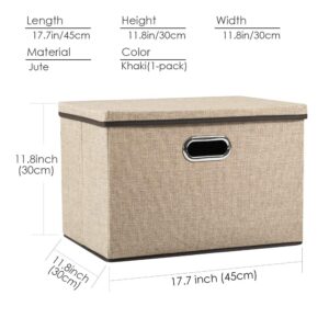 PRANDOM Large Collapsible Storage Bins with Lids [1-Pack] Jute Fabric Foldable Storage Boxes Organizer Containers Baskets Cube with Cover for Home Bedroom Closet Office Nursery (17.7x11.8x11.8)