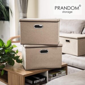 PRANDOM Large Collapsible Storage Bins with Lids [1-Pack] Jute Fabric Foldable Storage Boxes Organizer Containers Baskets Cube with Cover for Home Bedroom Closet Office Nursery (17.7x11.8x11.8)