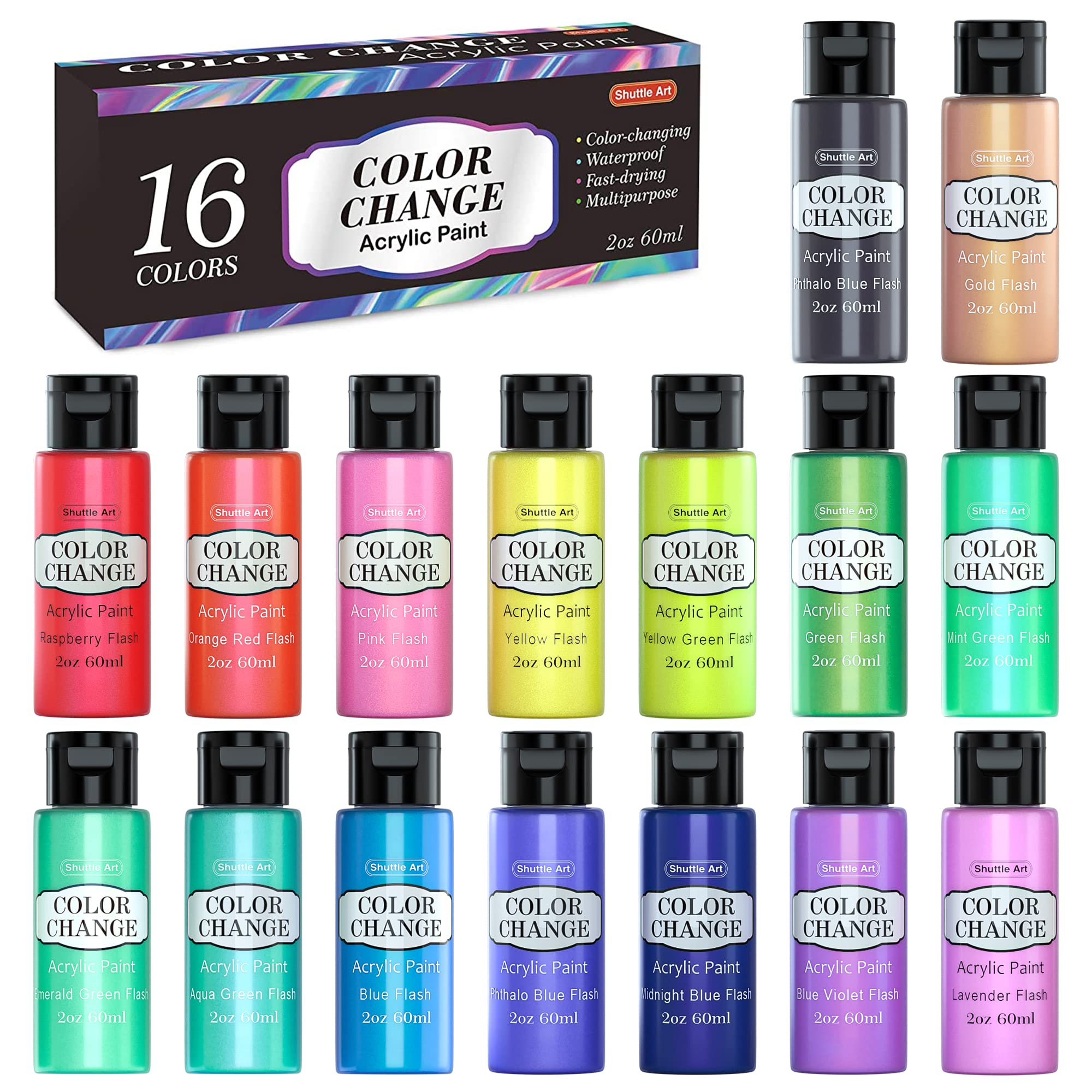 Shuttle Art Color Change Acrylic Paint Set, 16 Colors Chameleon Colors Acrylic Paint in Bottles (60ml/2oz), Non-Toxic for Artists, Beginners and Kids on Rocks, Crafts, Canvas, Wood, Fabric, Ceramic