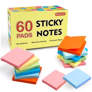 sticky notes, shuttle art 60 pads bright stickies, 6 assorted colors, 3x3 inches, 100 sheets/pad sticky pads for home, school, office
