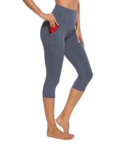 stelle womens high waisted legging yoga pants with pockets for gym workout (cotton like softness-grey blue, large)