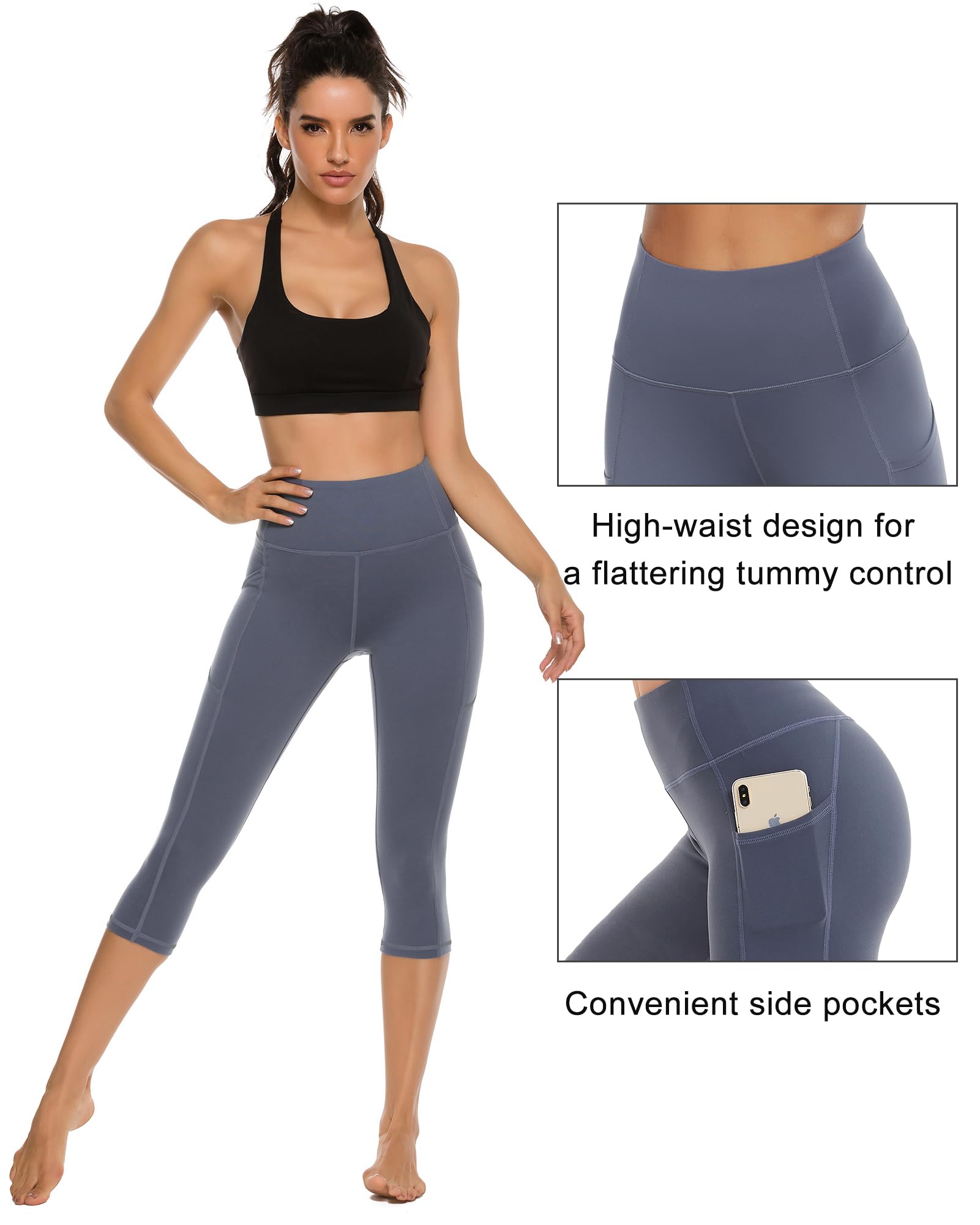 Stelle Womens High Waisted Legging Yoga Pants with Pockets for Gym Workout (Cotton Like Softness-Grey Blue, X-Large)