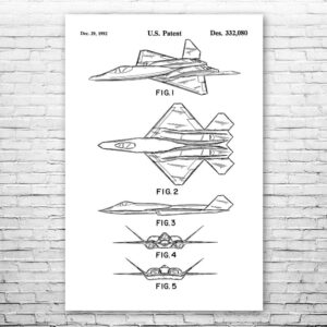 f-23 fighter jet poster print, combat pilot, us air force, aviation gift, jet blueprint, military decor, aviator gift black & white (5 inch x 7 inch)
