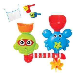 ic toyzz baby bath toys - waterfall bathtub toys with fill, spin and flow suction cup toy, colander bathtub toys and bath toy holder. colorful toddler bath toys for toddlers 1-3 and up