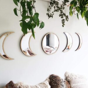 YUBAIHUI 5pcs Boho Home Wall Decor Moon Phase Decorative Mirror Set Acrylic Bedroom Bohemian Decoration Self Adhesive Ornament Living Room Decor (Beige)