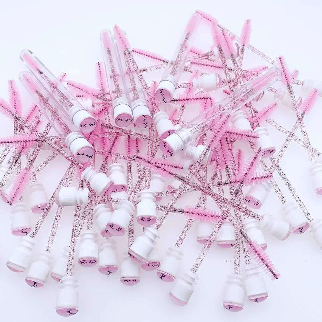 20 Pcs Pink Lash Disposable Mascara Brushes Diamond Eyelash Spoolies Makeup Brush Mascara Wand in Sanitary Tube Lash Supplies