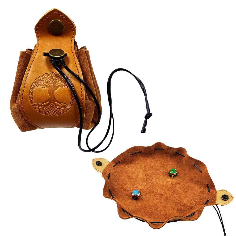 Rollooo Celtic Tree DND Gifts Dice Bag - Tray with Drawstring & Button Genuine Leather Dice Pouch Storage Bag for d&d Dices Jewelry Coin & Small Accessories