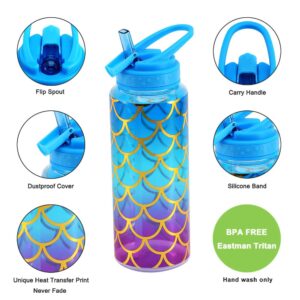 Home Tune Cute Water Bottle with Straw, BPA FREE Tritan &Leak Proof & Carry Handle & Pretty Design, 32oz/950ml (Mermaid)