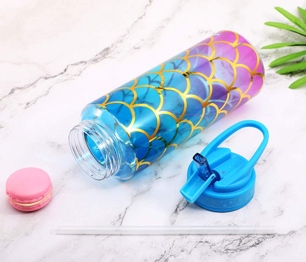 Home Tune Cute Water Bottle with Straw, BPA FREE Tritan &Leak Proof & Carry Handle & Pretty Design, 32oz/950ml (Mermaid)