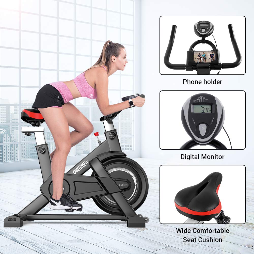 ONETWOFIT Indoor Exercise Bike with Monitor,Adjustable Seat & Handlebars Cycling Bike for Home Cardio Workout OT198