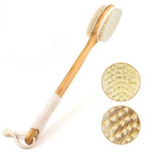 vis'v shower brush, long handle wooden shower back brush with soft and stiff bristles dual sided non slip back scrubber bath body exfoliator brush for wet or dry brushing with sticky hook