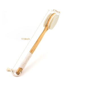 VIS'V Shower Brush, Long Handle Wooden Shower Back Brush with Soft and Stiff Bristles Dual Sided Non Slip Back Scrubber Bath Body Exfoliator Brush for Wet or Dry Brushing with Sticky Hook