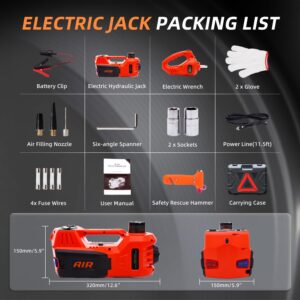 STANDTALL Electric Car Jack Kit 5 Ton 12V Car Jack Hydraulic with Impact Wrench and Tire Inflator Pump, Electric Car Floor Jack Red with LED Light