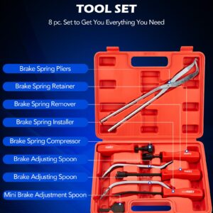 Orion Motor Tech 8pc Drum Brake Tool Kit, Drum Brake Tool with Drum Brake Spring Tool, Brake Spring Compressor, Brake Spring Pliers, Drum Brake Adjusting Tool, Brake Spoon Set, Brake Drum Tool Kit