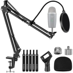 innogear microphone stand, adjustable mic stand set for blue yeti nano suspension boom scissor arm stand with 5/8" to 3/8" screw, 5/8" to 1/4 screw, nano mic windscreen and dual layered mic pop filter