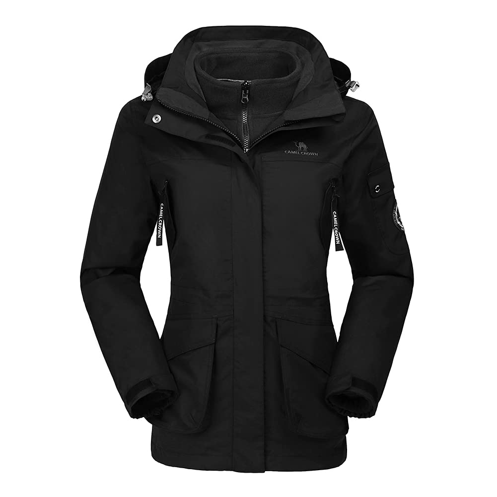 CAMEL CROWN Womens Waterproof Ski Jacket 3-in-1 Windbreaker Winter Coat Fleece Inner for Rain Snow Outdoor Hiking(Black,3XL)