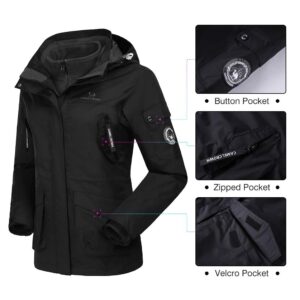 CAMEL CROWN Womens Waterproof Ski Jacket 3-in-1 Windbreaker Winter Coat Fleece Inner for Rain Snow Outdoor Hiking(Black,3XL)