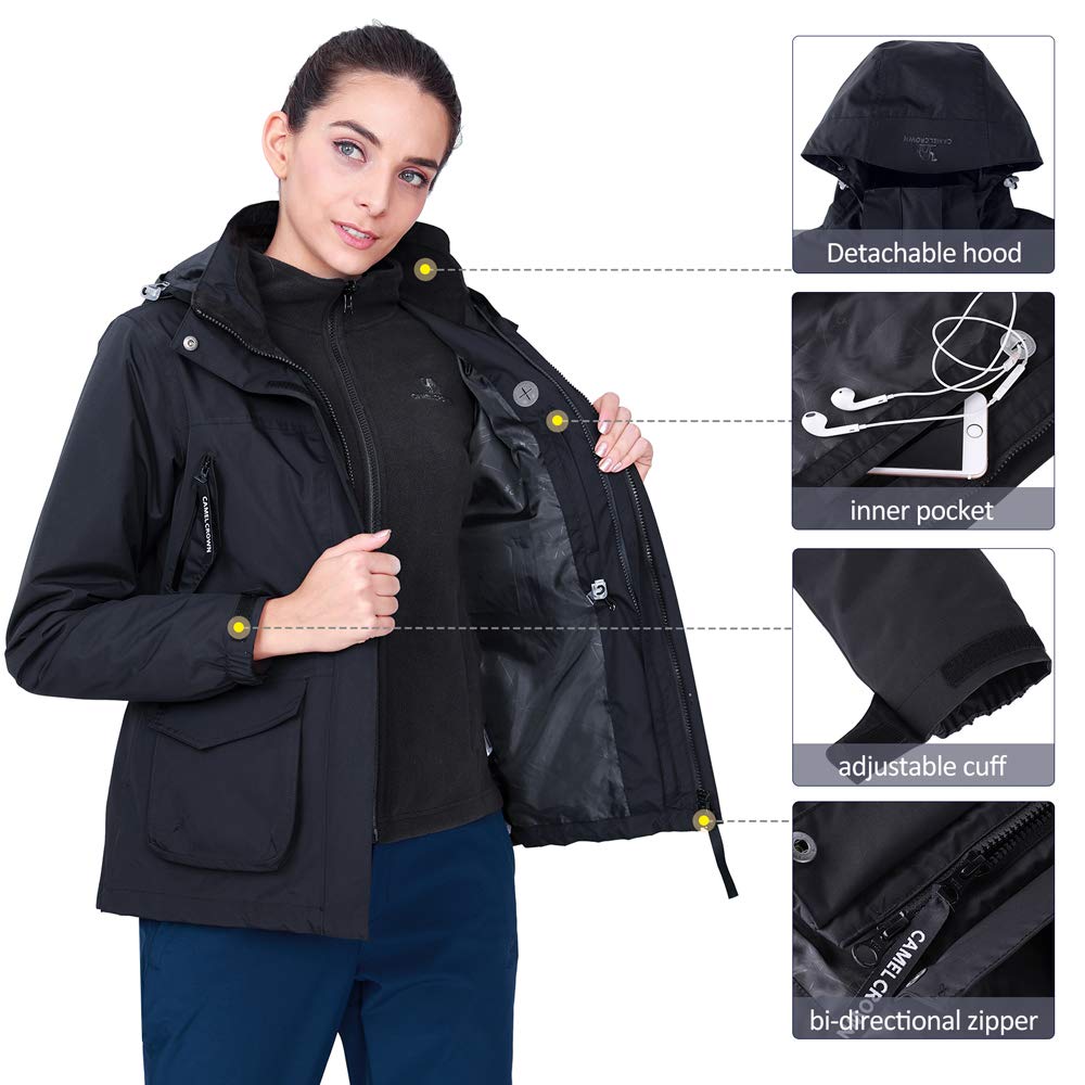 CAMEL CROWN Womens Waterproof Ski Jacket 3-in-1 Windbreaker Winter Coat Fleece Inner for Rain Snow Outdoor Hiking(Black,3XL)