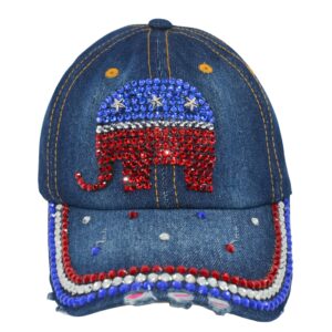 Popfizzy Bling Republican Hat for Women, Rhinestone Republican Elephant Baseball Caps, RWB USA Distressed Denim Hat, Republican Gifts for Women