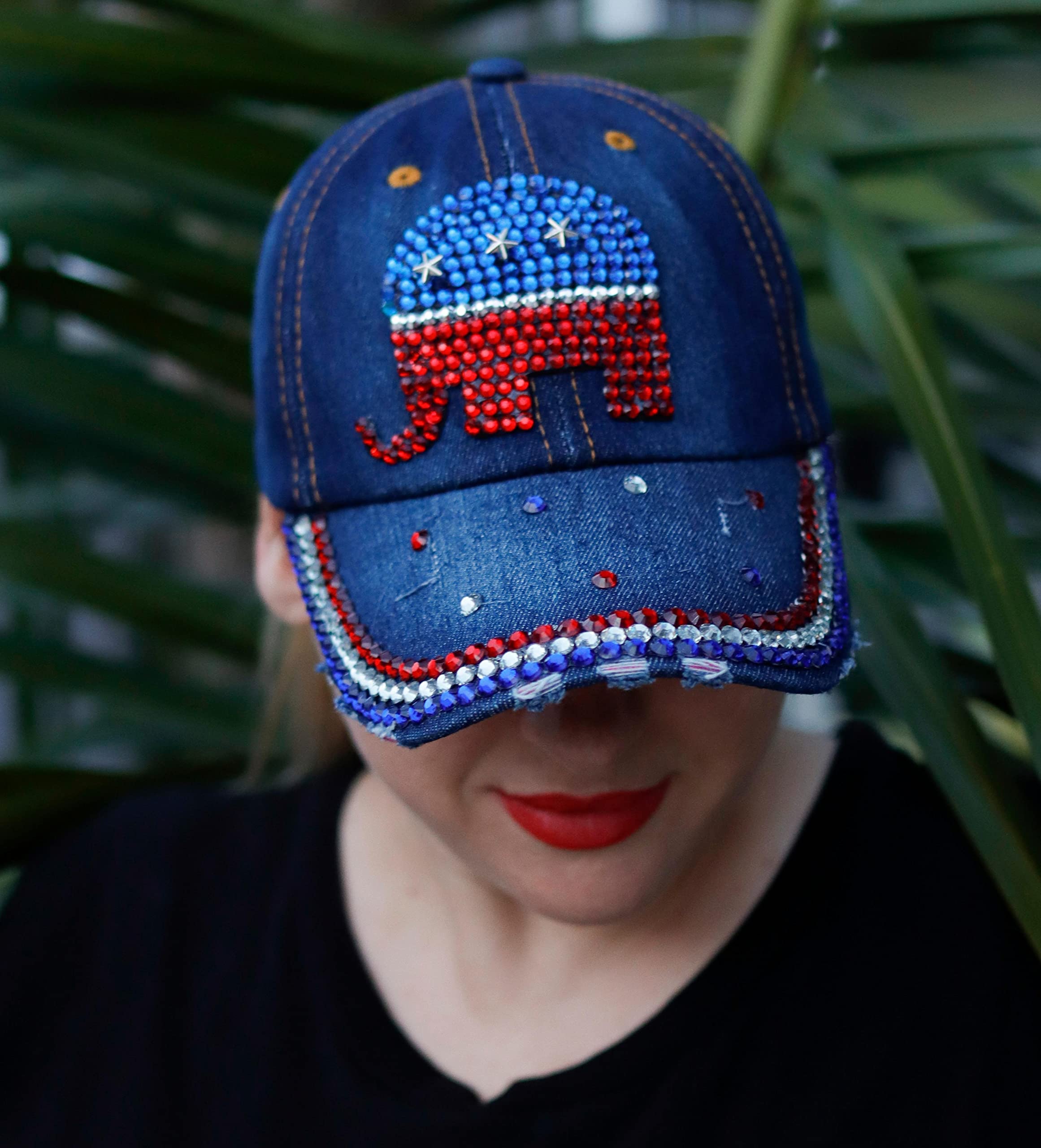 Popfizzy Bling Republican Hat for Women, Rhinestone Republican Elephant Baseball Caps, RWB USA Distressed Denim Hat, Republican Gifts for Women