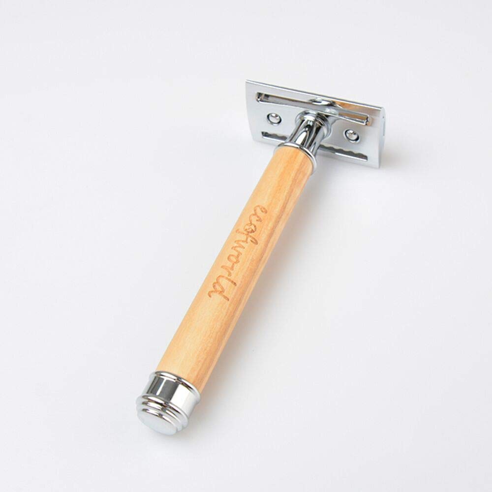 ECOFWORLD Double Edge Safety Razor with Long Natural Olive Wood Handle with One Blade| Safety Razor Reusable | Eco Friendly | For Men or Women | Sustainable and Durable