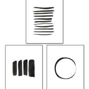 Abstract Wall Art Black and White Ink Art Print Set of 3 Dark Brush Strokes Poster Gray Lines Circle Minimalist Watercolor Painting Contemporary Wall Decor 8x10 Unframed Artwork