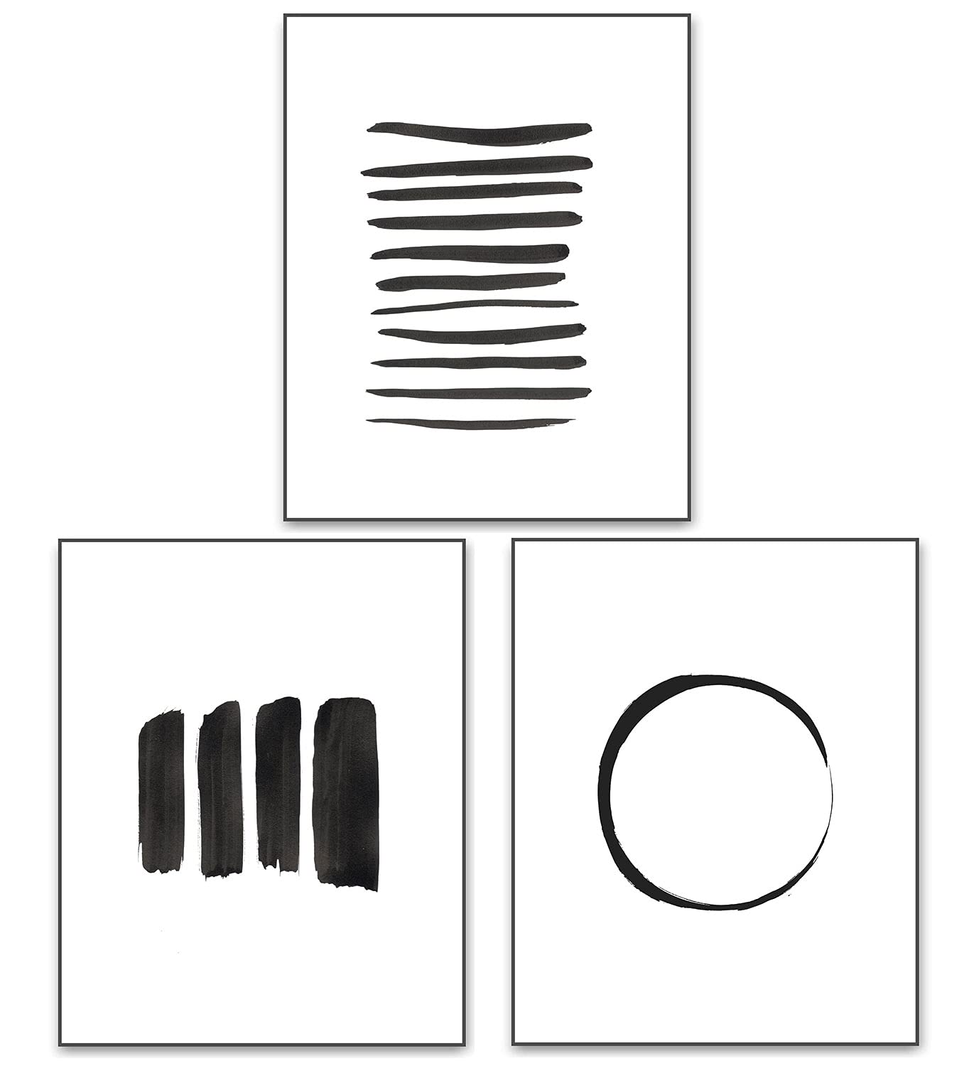 Abstract Wall Art Black and White Ink Art Print Set of 3 Dark Brush Strokes Poster Gray Lines Circle Minimalist Watercolor Painting Contemporary Wall Decor 8x10 Unframed Artwork