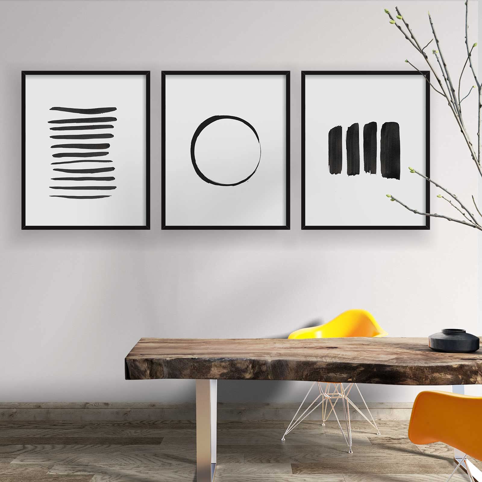 Abstract Wall Art Black and White Ink Art Print Set of 3 Dark Brush Strokes Poster Gray Lines Circle Minimalist Watercolor Painting Contemporary Wall Decor 8x10 Unframed Artwork