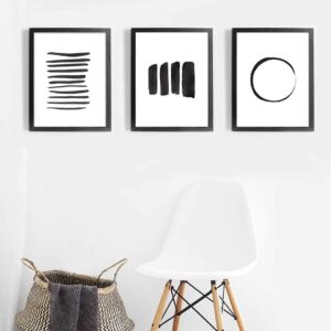 Abstract Wall Art Black and White Ink Art Print Set of 3 Dark Brush Strokes Poster Gray Lines Circle Minimalist Watercolor Painting Contemporary Wall Decor 8x10 Unframed Artwork