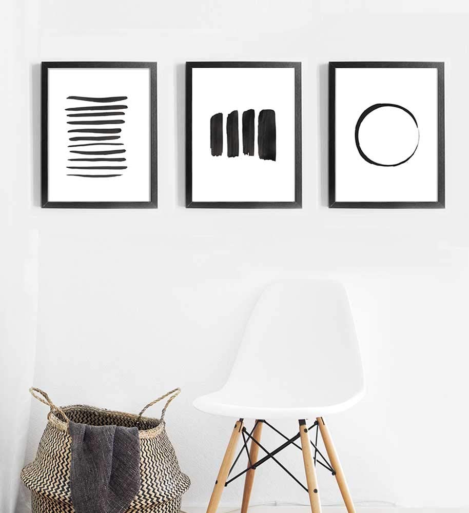 Abstract Wall Art Black and White Ink Art Print Set of 3 Dark Brush Strokes Poster Gray Lines Circle Minimalist Watercolor Painting Contemporary Wall Decor 8x10 Unframed Artwork