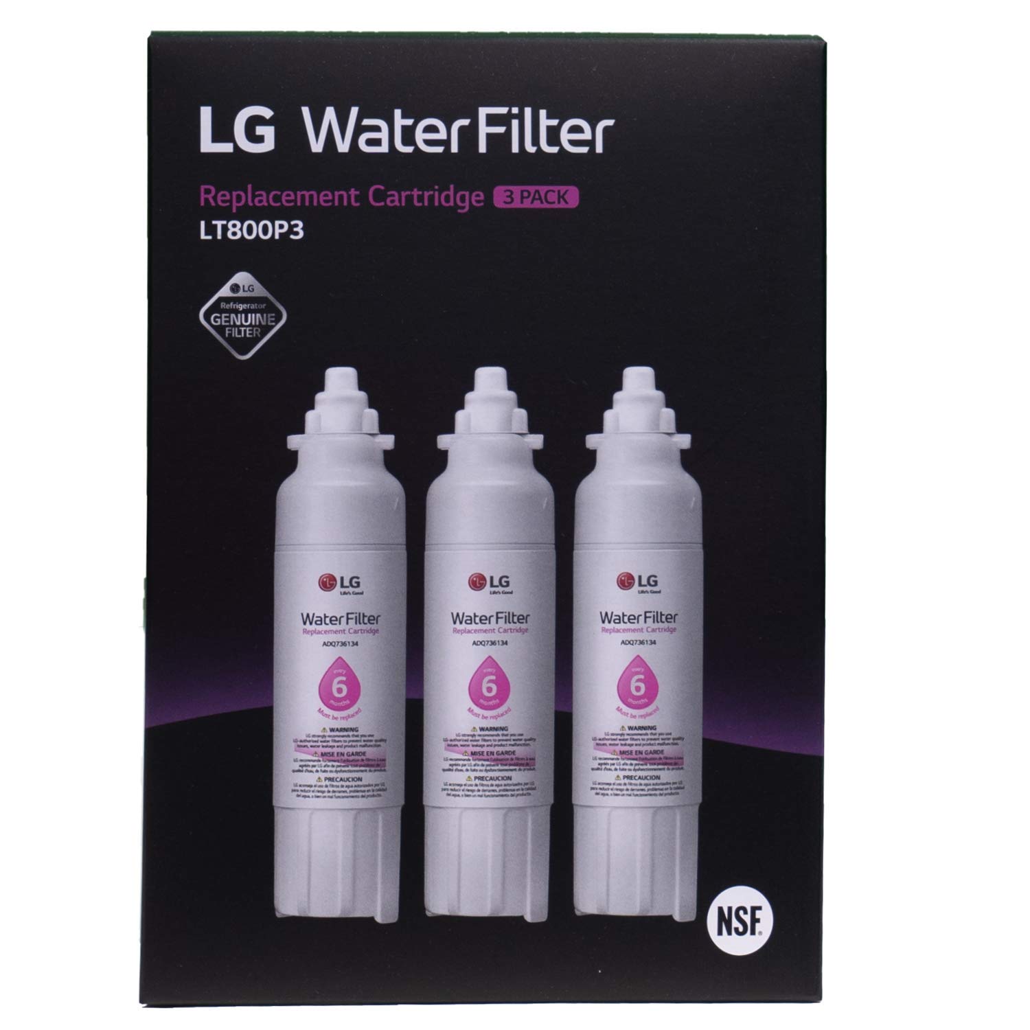 LG LT800P3 6-Month / 200 Gallon Replacement Refrigerator Water Filter, 3 Count (Pack of 1), White