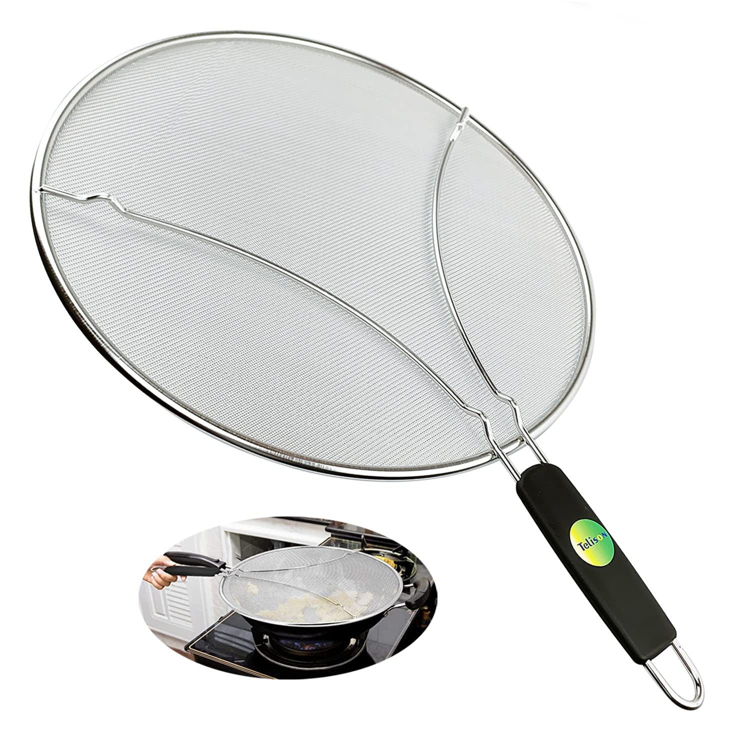 Telison Splatter Screen for Cooking 13 Inch, Block 99% Hot Oil, Stainless Steel Splatter Screen for Frying Pan, Heavy Duty and Easy to Clean