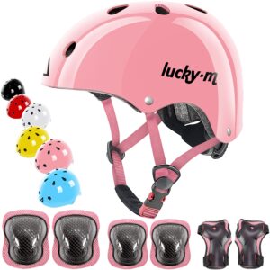 kids helmet and pads set toddler youth bike helmet with knee pads elbow pads wrist guards for skateboard bike bmx hoverboard scooter rollerblading (bright pink, small(3-8 years old))