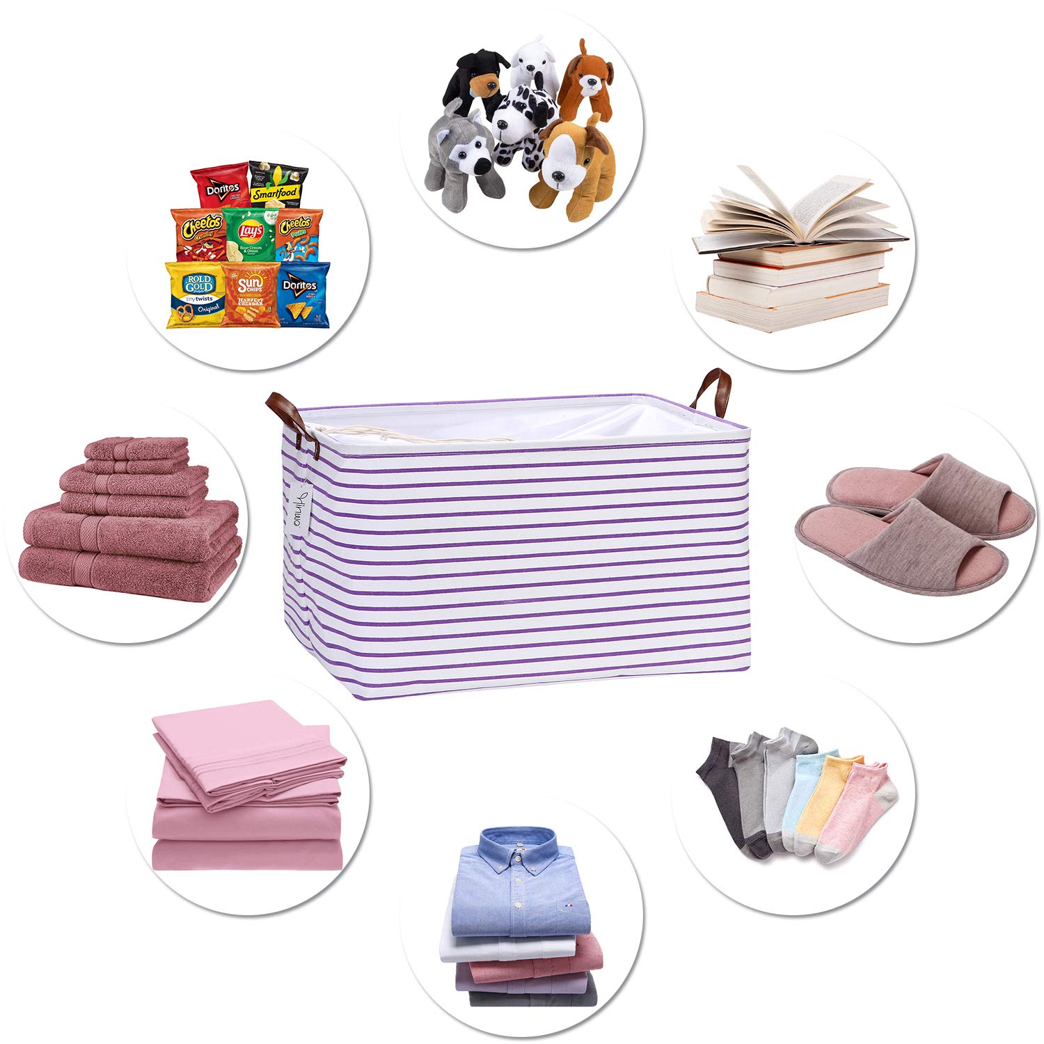 Hinwo 2-Pack Extra Large Canvas Fabric Storage Baskets with Handles, 70L Oversized Storage Bins, Collapsible Storage Box, Clothes, Toys, Blankets Organizers, 22 x 15 x 13 inches, (Purple Stripe)