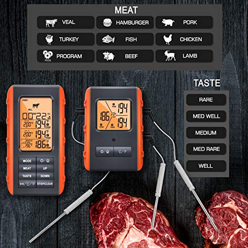 Wireless Meat Thermometer for Grilling Smoking - Kitchen Food Cooking Candy Thermometer with 3 Probes - Monitor Ambient Temperature Inside The Grill Smoker BBQ Oven Thermometer, 490ft,Digital