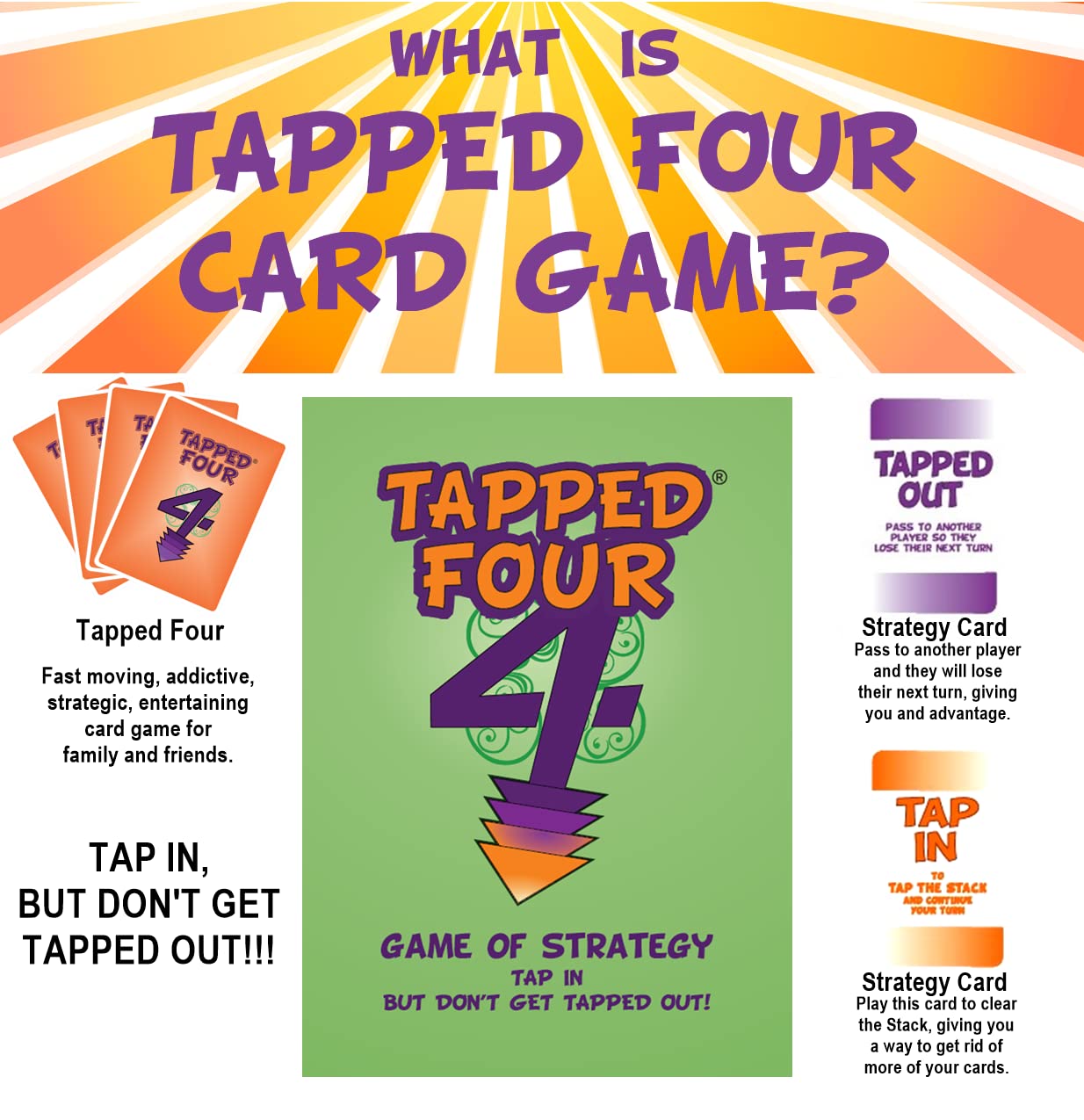 Tapped Four Card Game, 2 to 8 Players - Strategy, Luck, Laughter, Nonstop Fun for Family and Friends