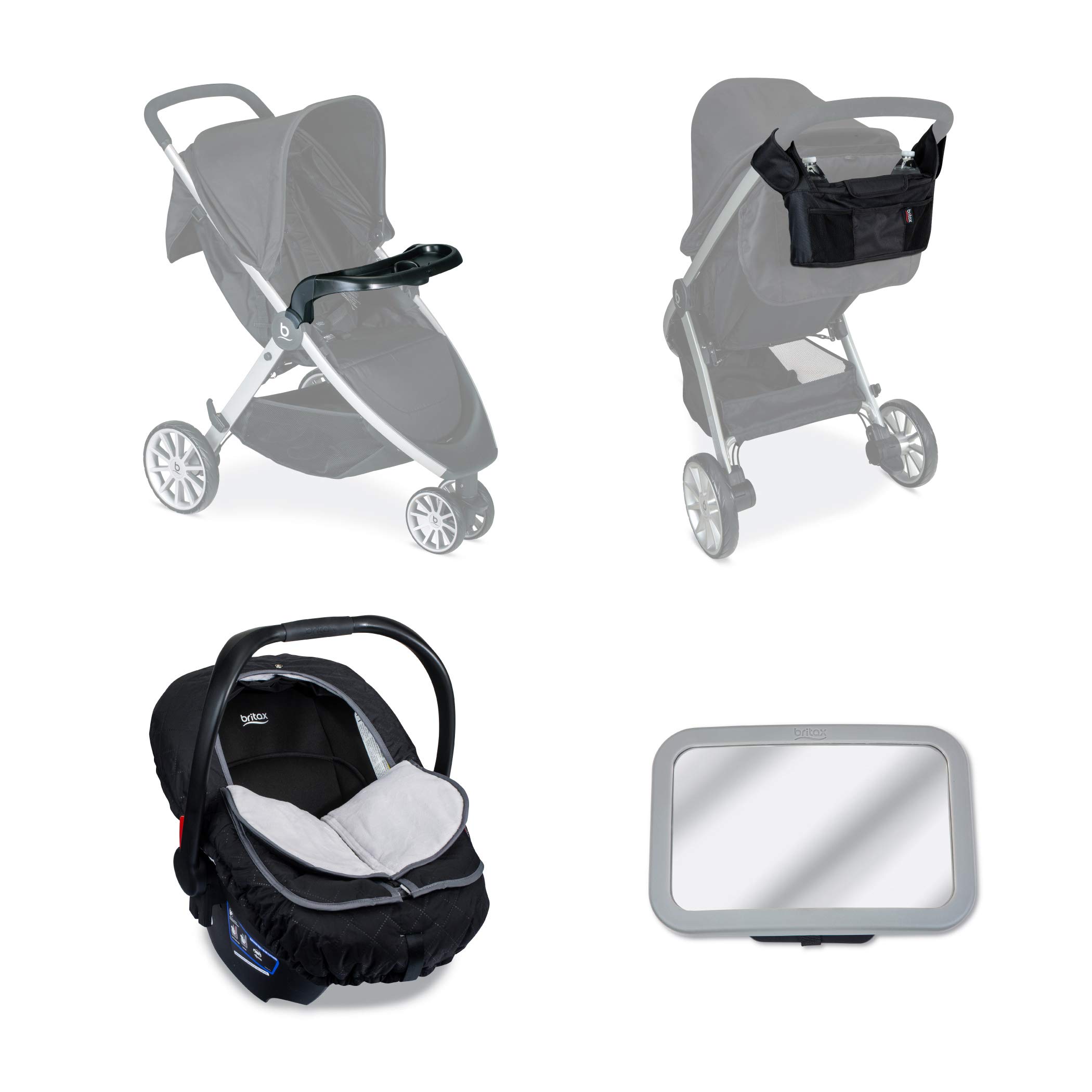 Britax Car Seat & Stroller Accessory Starter Kit | Baby Car Mirror + Stroller Organizer + Child Tray + Insulated Infant Car Seat Cover