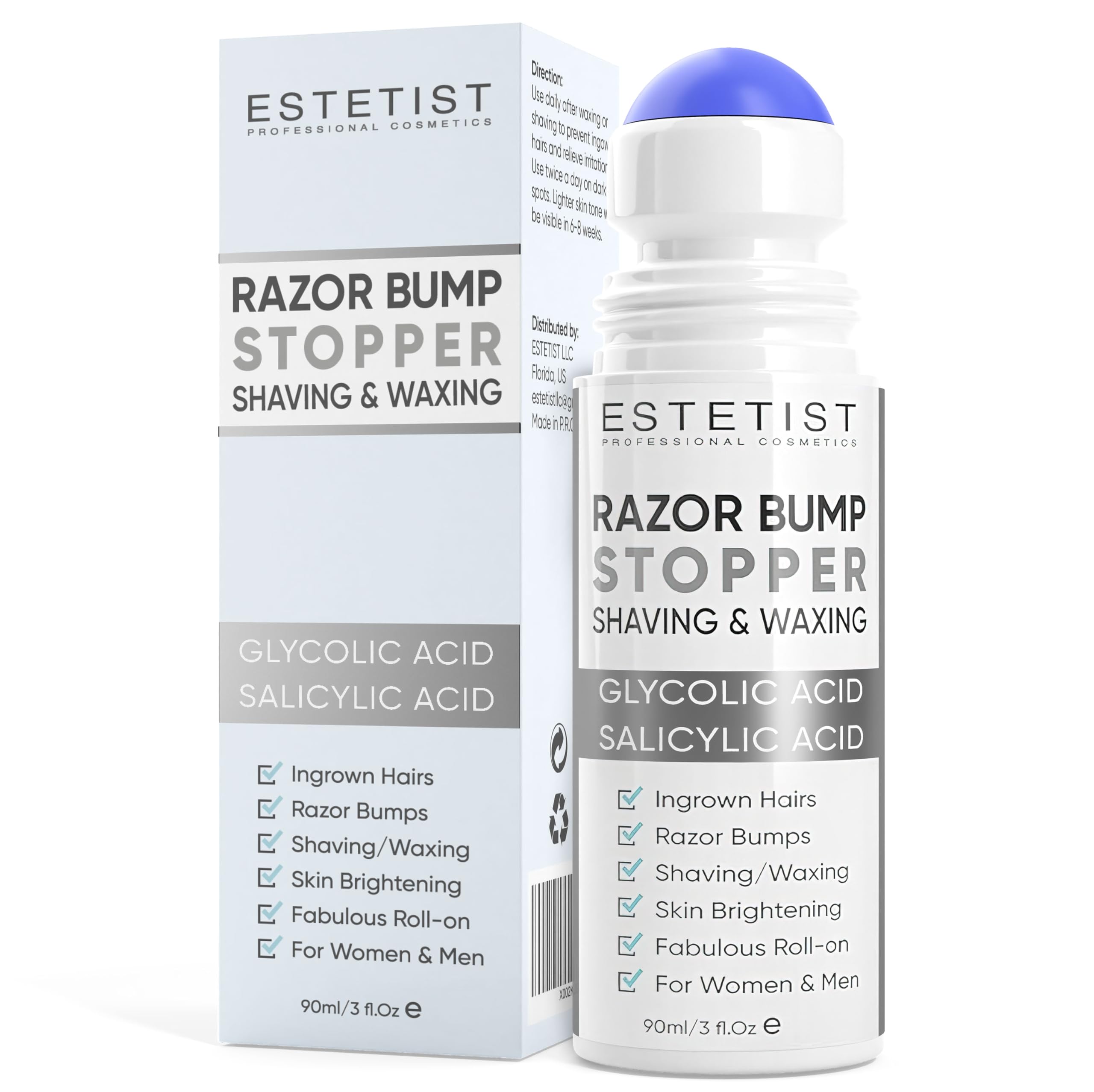 Razor Bump Stopper Solution for Ingrown Hair Skin Care Treatment for Face, Neck, Bikini Area, Legs and Underarm Area After Shave Serum Roll-On for Men and Women With Salicylic Acid, Glycolic Acid