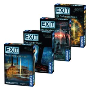 exit: the game 4-pack escape room bundle | season 4 | theft on the mississippi | stormy flight | cemetery of the knight | enchanted forest | family-friendly, cooperative game | 1 to 4 players