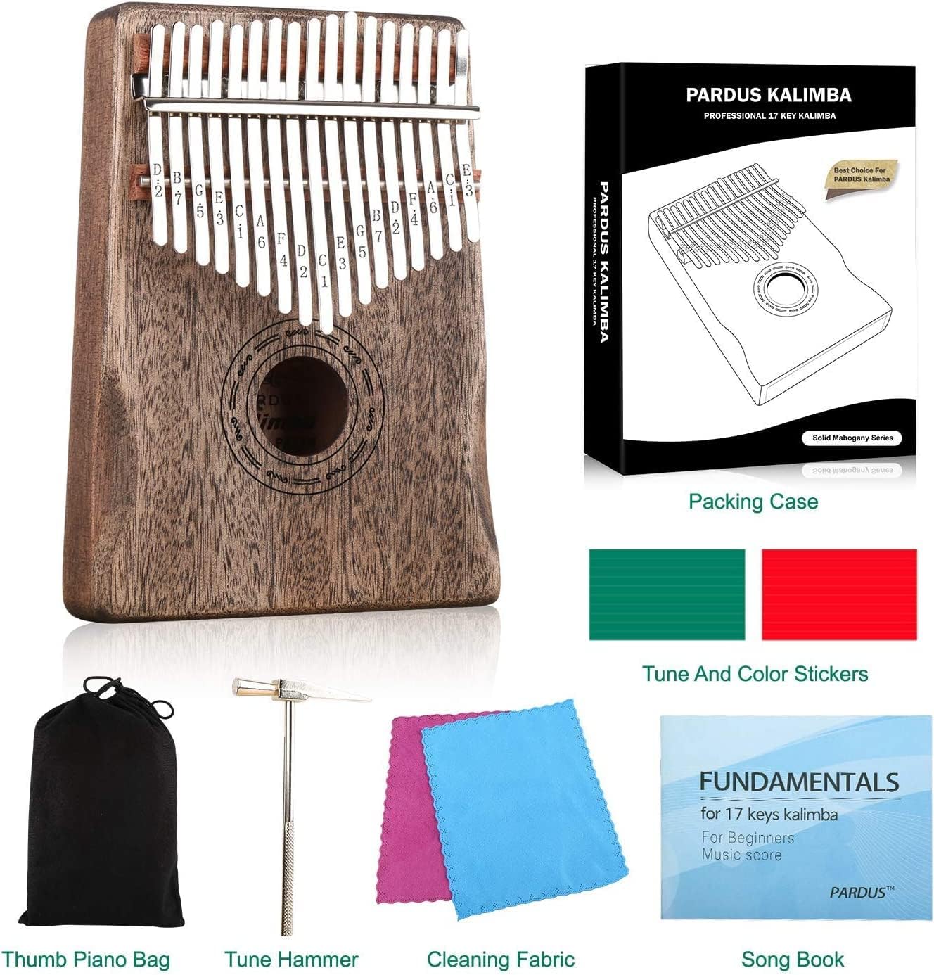 PARDUS Kalimba 17 Keys,Easy to Learn Portable Finger Piano,with Study Guide and Tune Hammer,Thumb Piano Bag,Color Stickers,Gift for Kids, Adult Beginners Professional (Wood color)