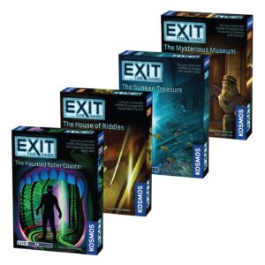 exit: the game 4-pack escape room | beginner bundle | haunted roller coaster, sunken treasure, mysterious museum, house of riddles | family-friendly, cooperative game | 1- 4 players, ages 10+